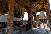 The great Chola temples of Tamil Nadu - The Brihadishwara Temple of Thanjavur. The open pavilion that shelters the huge monolithic Nandi. 